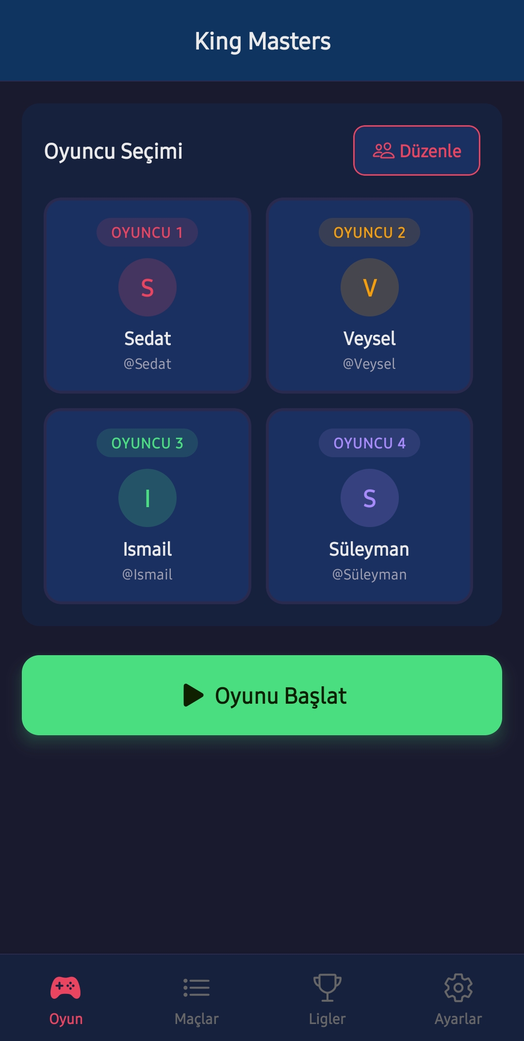 Oyun Ekranı — Oyuncu seçimi ve oyun modu