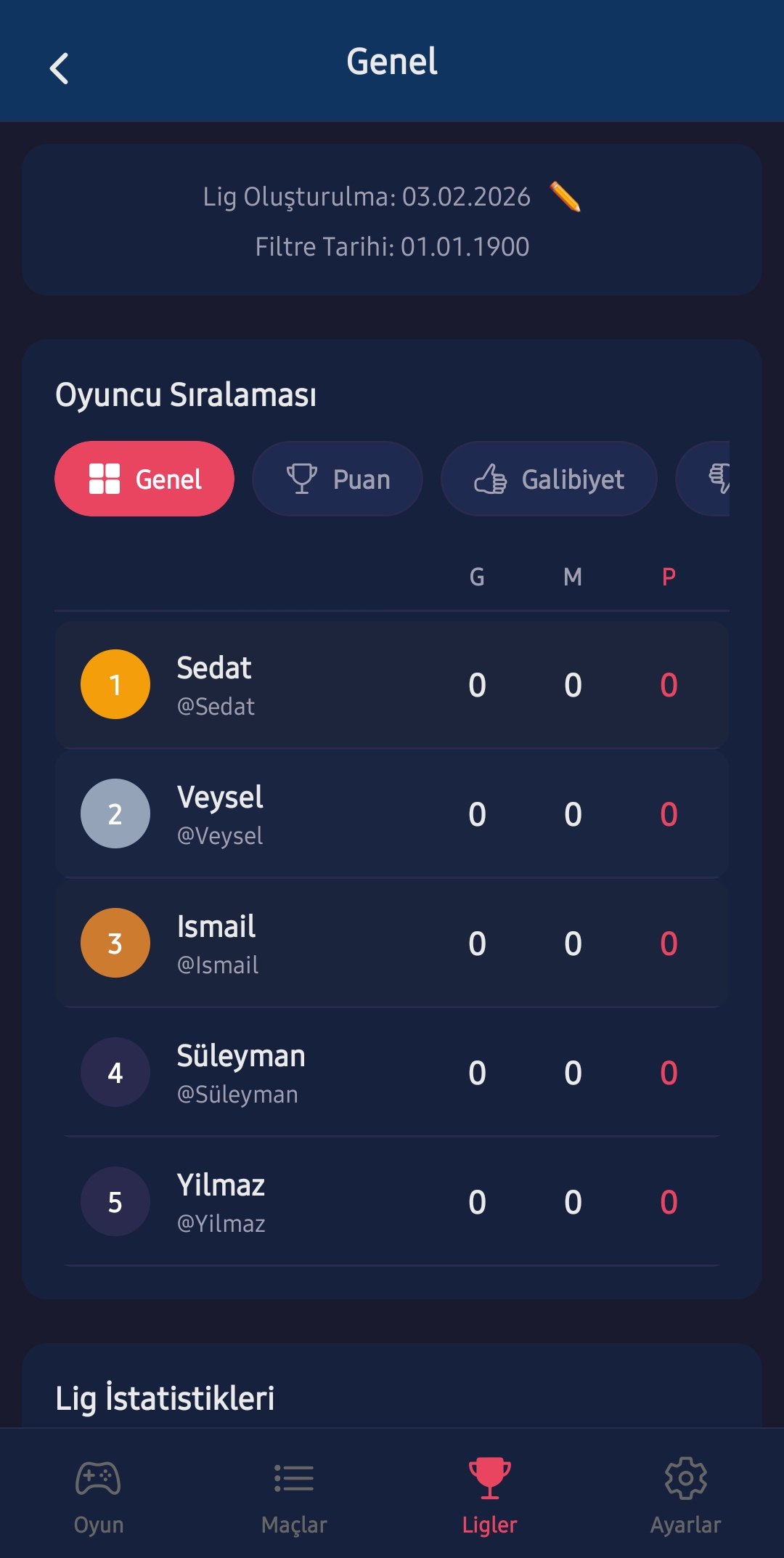 Lig Ekranı — Çoklu lig ve istatistikler